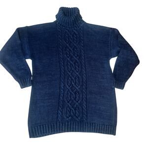 Vintage Navy Blue Chunky Cable Knit Fisherman Turtleneck Sweater women sz small